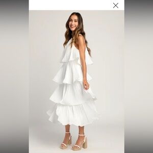 Lulu’s XL White Pleated Halter Midi Dress for Bridal Shower Rehearsal Dinner